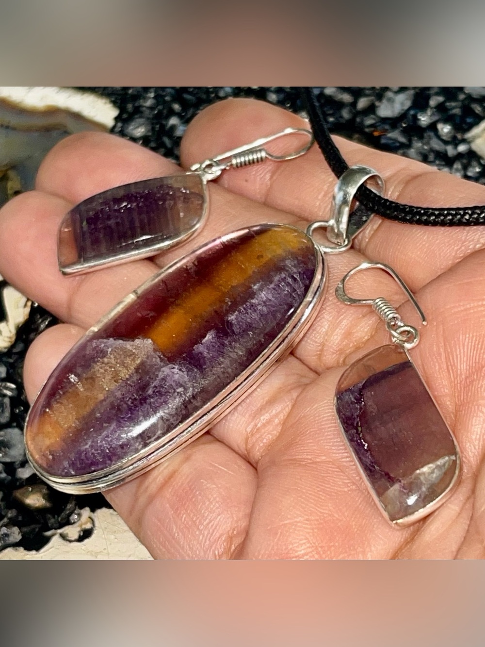 Purple Stripe Fluorite Pendant & Earrings Set